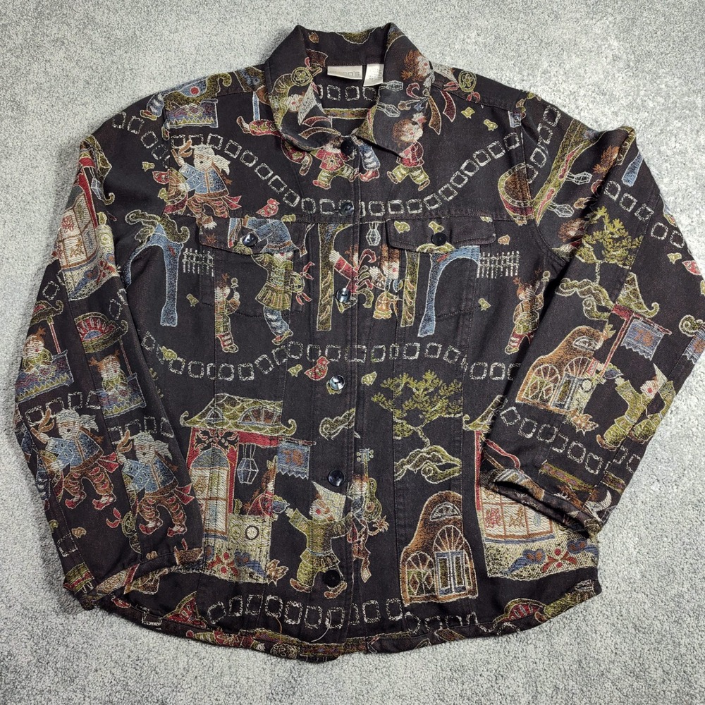 Chico's Womens Jacket 1 Silk Blend Tapestry Asian Inspired Button Front